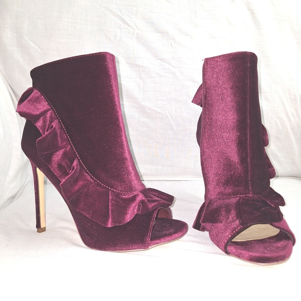 Y2K Whimsigoth Velvet Ruffle Open Toe Stiletto Ankle Boots Burgundy Wine JustFab